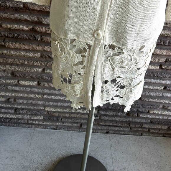 Monoreno Beige Cream Lace Hem Linen Blend Tunic Length Cardigan Sweater - Picture 7 of 9